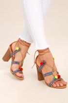 Jacobies Delia Camel Lace-up Pompom Heels