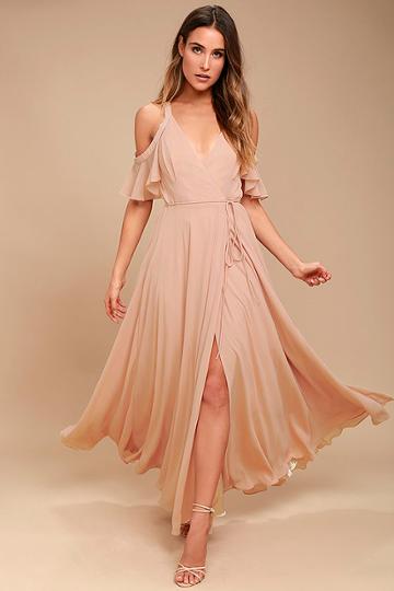 Lulus | Easy Listening Blush Off-the-shoulder Wrap Maxi Dress | Size X-small | Pink | 100% Polyester