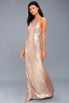 Lulus | Chic Celebration Champagne Sequin Maxi Dress | Size Large | Gold | 100% Polyester