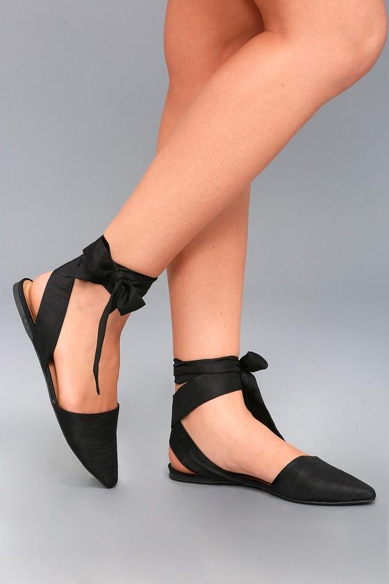 Soda | Katla Black Satin Lace-up Flats | Lulus