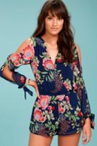 Lulus | Run Away With Me Navy Blue Floral Print Long Sleeve Romper | Size Large | 100% Polyester