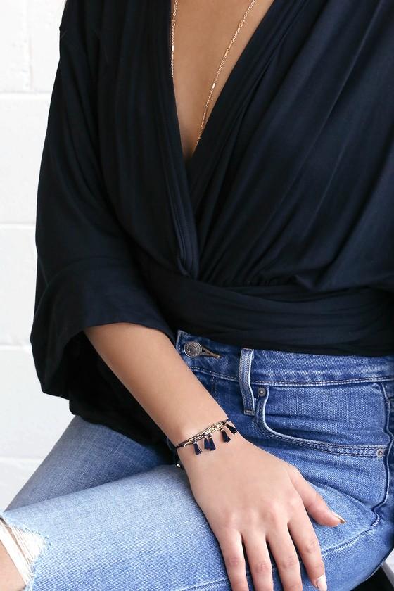 Nepal Gold And Navy Blue Beaded Tassel Bracelet | Lulus