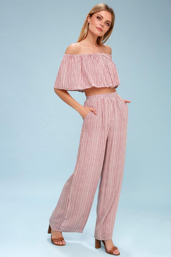 Birch Mauve Striped Off-the-shoulder Two-piece Jumpsuit | Lulus