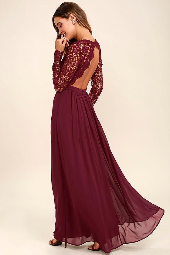 Lulus | Awaken My Love Burgundy Long Sleeve Lace Maxi Dress | Size X-small | Red | 100% Polyester