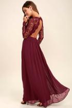 Lulus | Awaken My Love Burgundy Long Sleeve Lace Maxi Dress | Size X-small | Red | 100% Polyester
