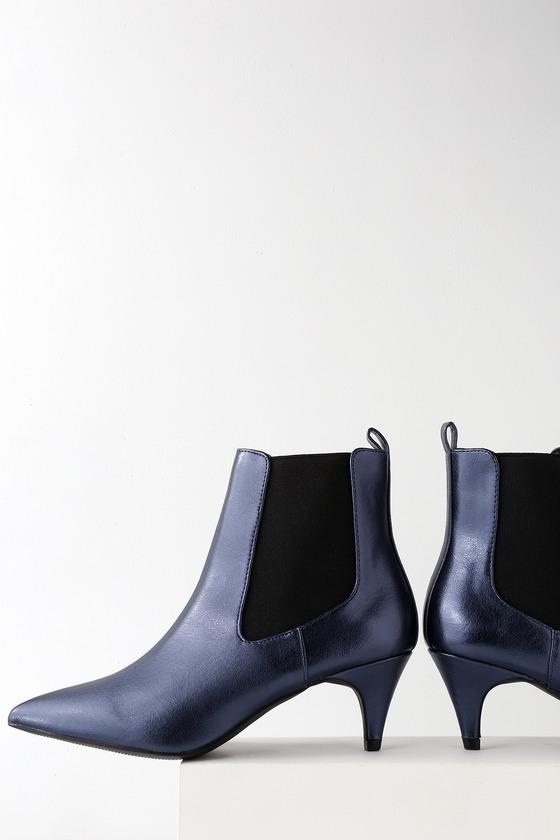 Kittie Blue Crinkle Metallic Kitten Heel Pointed Toe Ankle High Heel Boots | Lulus