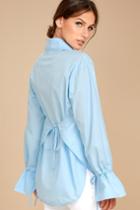 J.o.a. | Sweet Magnolia Light Blue Long Sleeve Button-up Top | Size Medium | 100% Cotton | Lulus