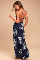 Lulus | Bells Of Beauty Navy Blue Floral Print Maxi Dress | Size X-large | 100% Rayon