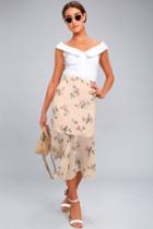 Re:named | Bouquet Days Blush Floral Print Midi Skirt | Size Large | Beige | 100% Polyester | Lulus