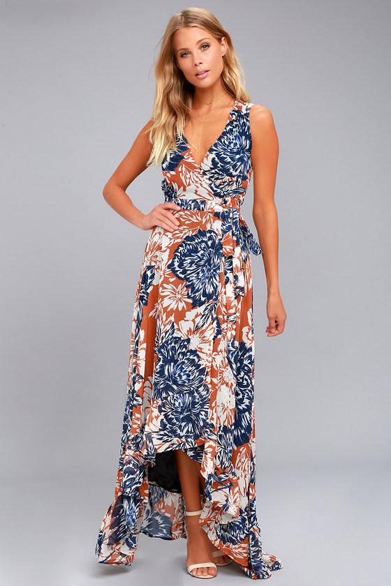 Lulus | Desert Trip Rust Orange Floral Print High-low Wrap Dress | Size Large | 100% Polyester