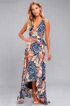 Lulus | Desert Trip Rust Orange Floral Print High-low Wrap Dress | Size Large | 100% Polyester