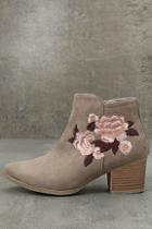 Qupid Feronia Taupe Suede Embroidered Ankle Booties