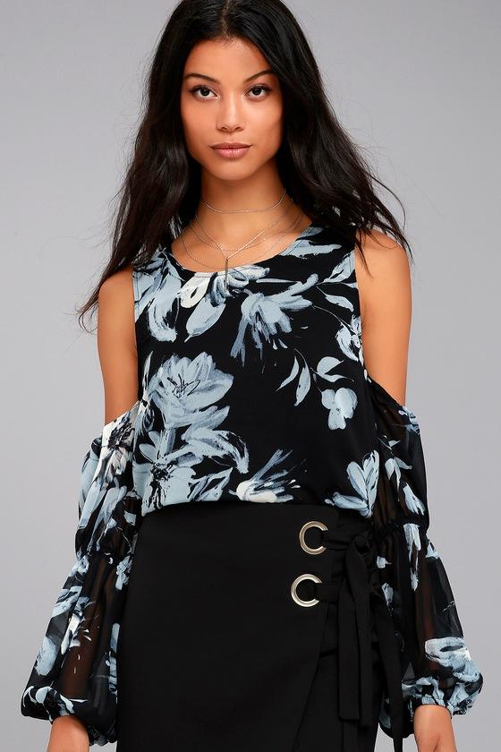 Lulus | Kala Black Floral Print Cold Shoulder Top | Size Large | 100% Polyester