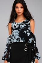 Lulus | Kala Black Floral Print Cold Shoulder Top | Size Large | 100% Polyester