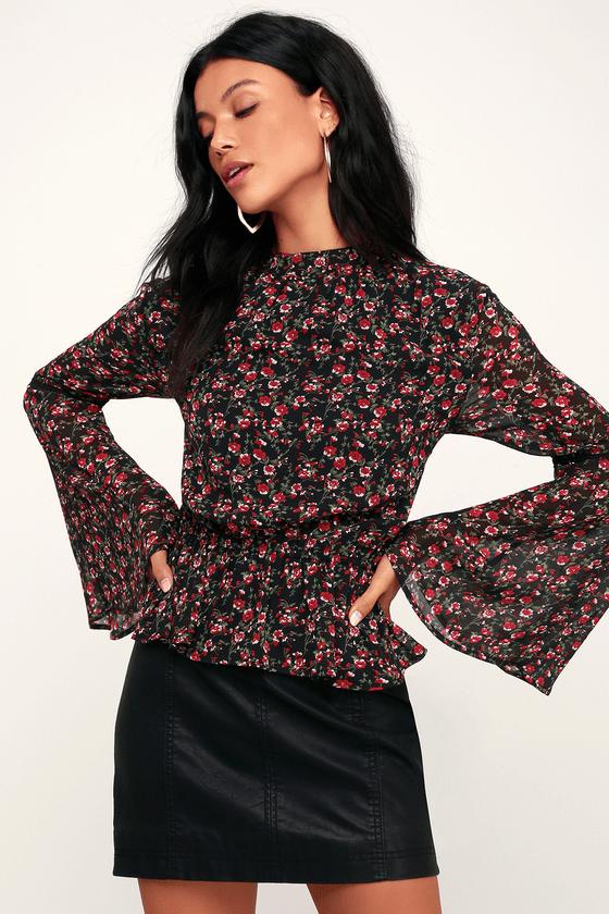 Bring The Blooms Black Floral Print Bell Sleeve Top | Lulus