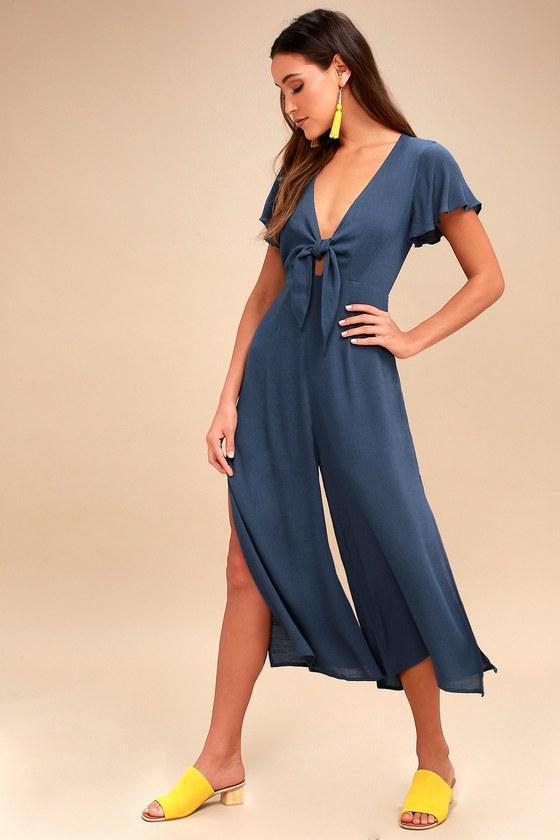 Please And Thanks Teal Blue Tie-front Culotte Jumpsuit | Lulus