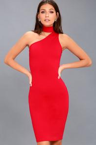 Lulus Fan Of The Glam Red One-shoulder Bodycon Midi Dress