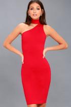 Lulus Fan Of The Glam Red One-shoulder Bodycon Midi Dress