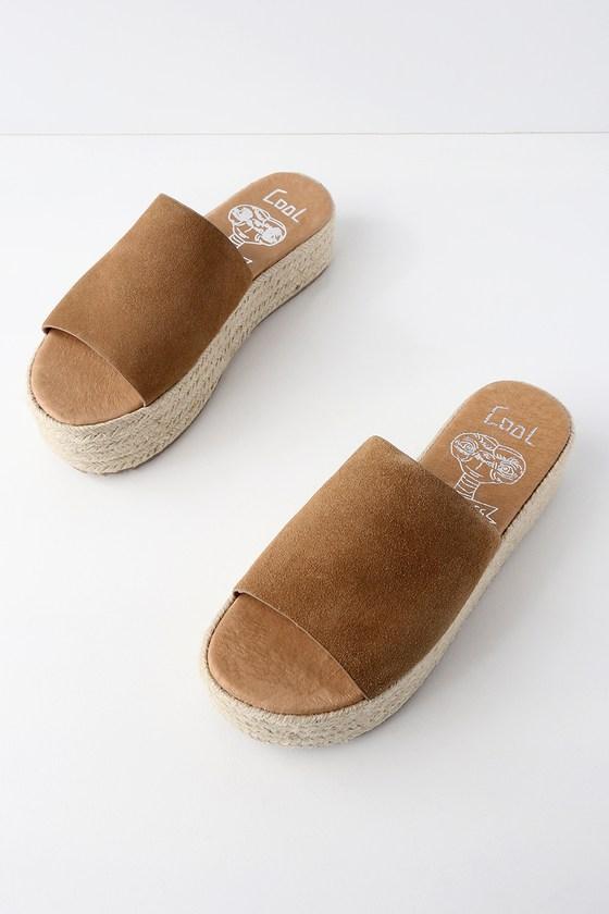 Coolway Bory Tan Genuine Suede Leather Flatform Espadrille Slides | Lulus