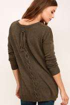 Love Riche Cozy Time Olive Green Lace-up Sweater