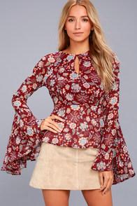 Lulus Odine Burgundy Floral Print Long Sleeve Top