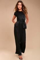 Lulus | Let Me Entertain You Black Satin Wide-leg Jumpsuit | Size Medium | 100% Polyester