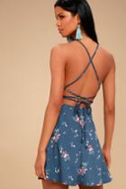 Sweet Forever Blue Floral Print Lace-up Skater Dress | Lulus