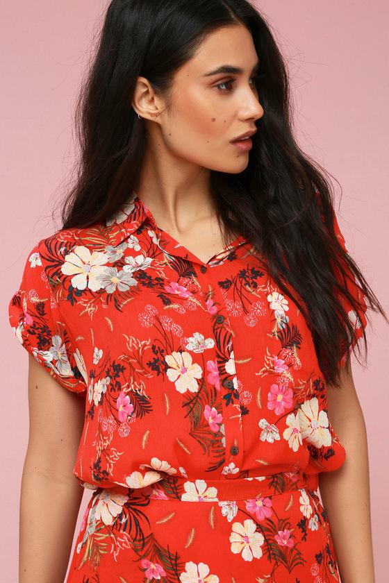 O'neill Kaia Red Floral Print Button-up Top | Lulus