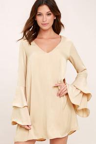 Lulus Get A Glimpse Beige Long Sleeve Shift Dress