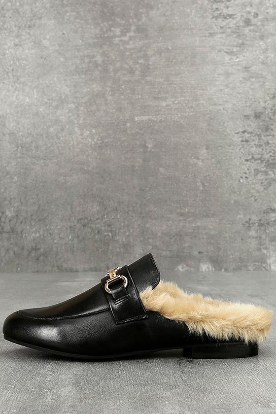 Steve Madden | Jill Black Leather Faux Fur Loafer Slides | Size 5.5 | Lulus