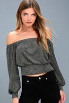 Lulus Good Time Charcoal Grey Off-the-shoulder Cropped Sweater Top