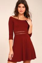 Lulus | Yes To The Mesh Wine Red Skater Dress | Size Large | 100% Polyester