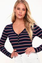 Chico Navy Blue Striped Long Sleeve Henley Top | Lulus