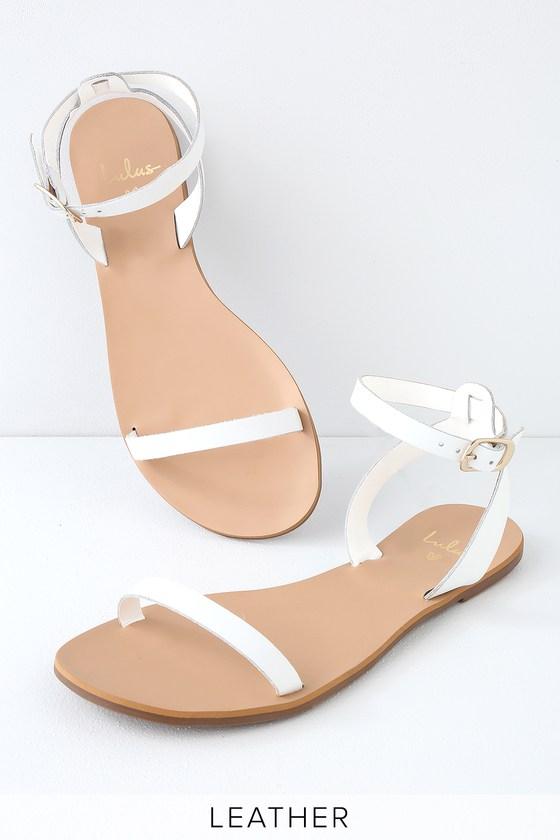 Colette White Nappa Leather Flat Ankle Strap Sandal Heels | Lulus