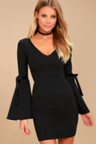 Lulus | Once In A While Black Bell Sleeve Bodycon Dress | Size Large