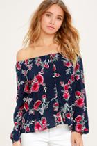 Lulus In Your Hands Navy Blue Floral Print Off-the-shoulder Top