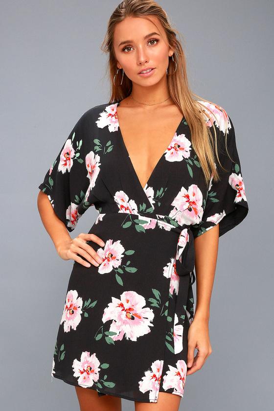 Take Me Bouquet Black Floral Print Wrap Dress | Lulus