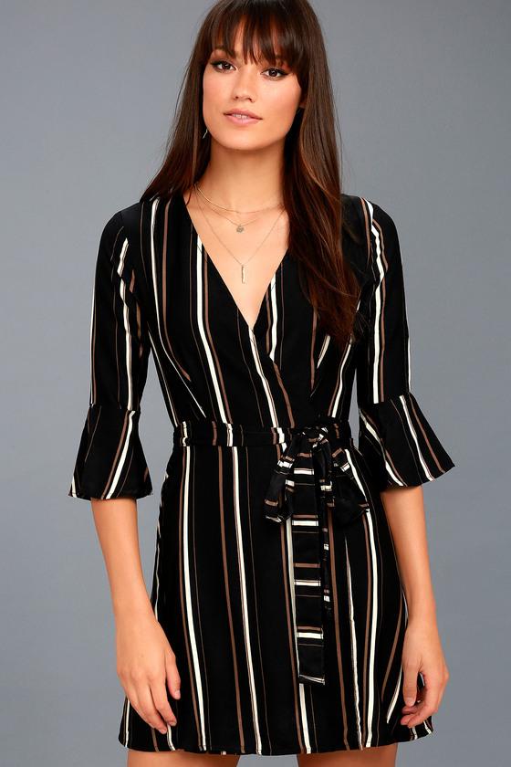 Lulus | Gone To Geneva Black Striped Wrap Dress | Size Medium | 100% Polyester