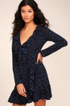 Lulus | Spot On Navy Blue Polka Dot Wrap Dress | Size Large | 100% Polyester
