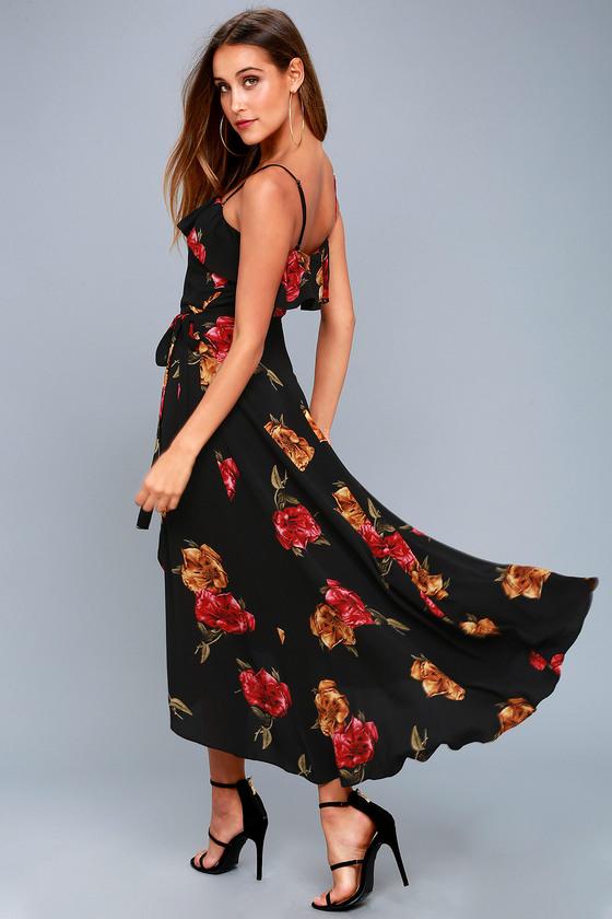 Re:named | Good To You Black Floral Print Wrap Dress | Size Medium | Lulus