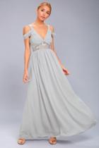Lulus | Have This Dance Grey Lace Off-the-shoulder Maxi Dress | Size Large | 100% Polyester