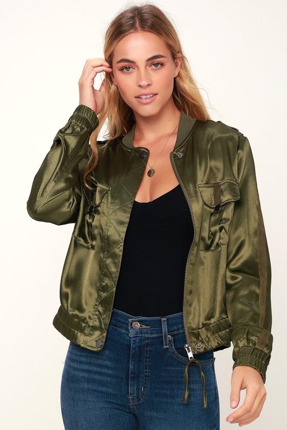 Hit The City Olive Green Satin Bomber Jacket | Lulus