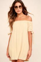 Lulus | Al Fresco Evenings Beige Off-the-shoulder Dress | Size Large | 100% Cotton