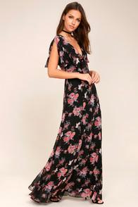 Lulus Wings Of Love Black Floral Print Maxi Dress