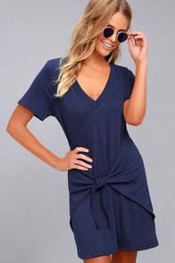 Lulus Live In Love Navy Blue Knotted Shirt Dress
