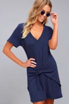 Lulus Live In Love Navy Blue Knotted Shirt Dress