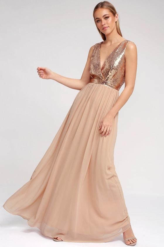 Elegant Encounter Rose Gold Sequin Maxi Dress | Lulus