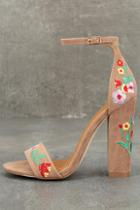 Shoe Republic La Suri Taupe Embroidered Ankle Strap Heels