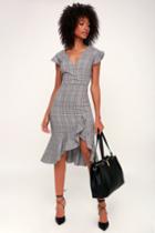 Poised For A Promotion Grey Glen Plaid Ruffle Midi Dress | Lulus
