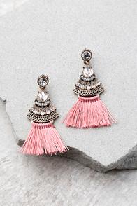 Lulus Tuscan Sun Gold And Pink Rhinestone Tassel Earrings